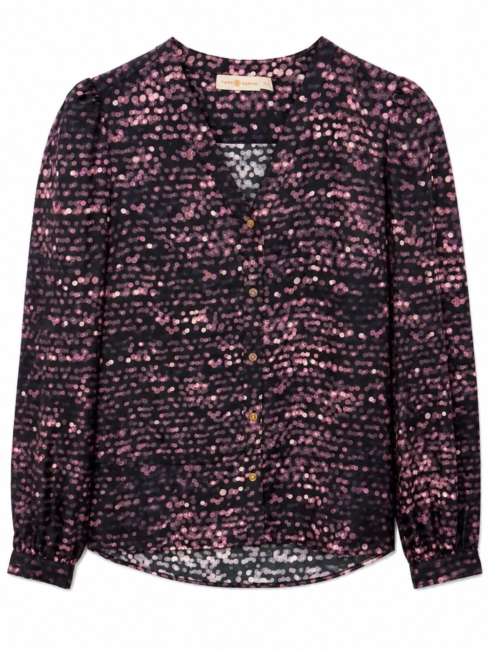 Tory Burch Jayden Blouse XS Black Flash 100% Silk Purple Print Long Sleeve NWT